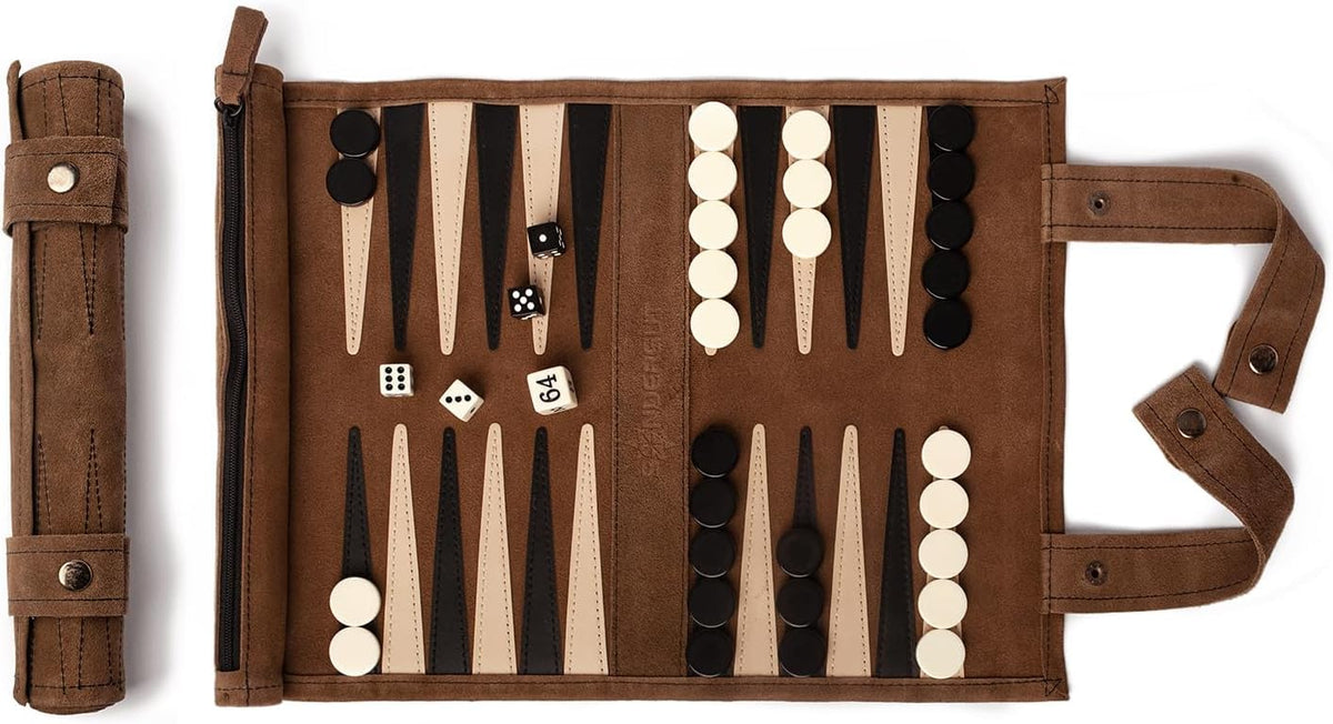 Sondergut roll-up portable suede backgammon board for travel and spontaneous games.