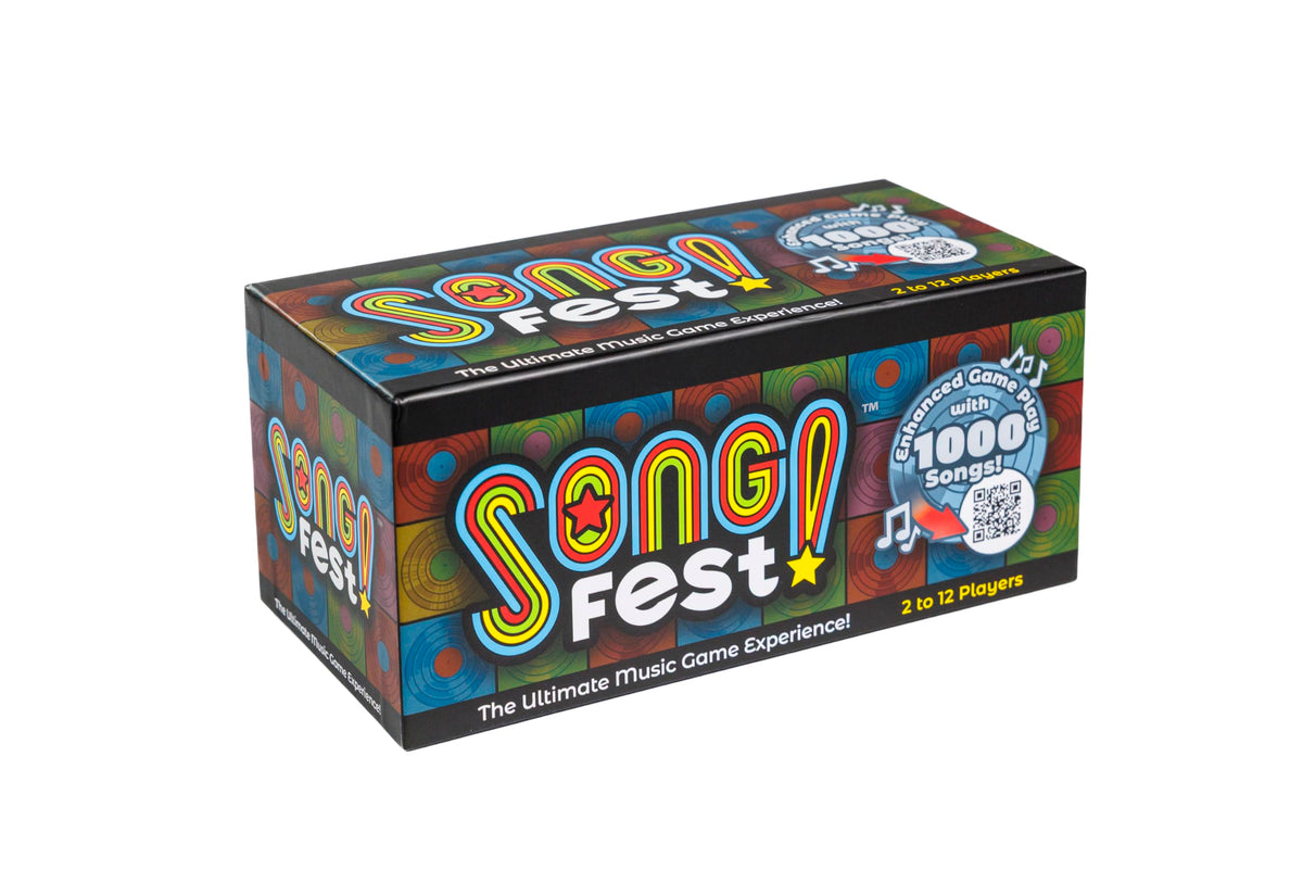 SongFest game box front with QR hints inviting family game night.