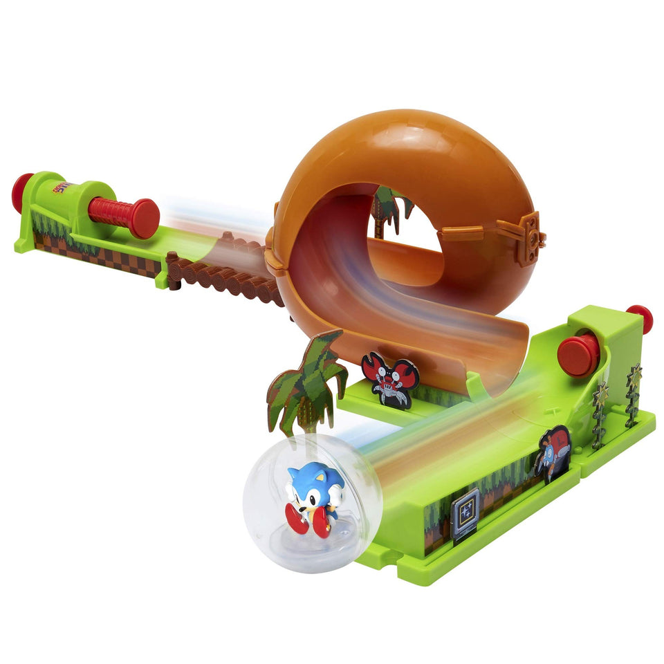 Sonic Green Hill Zone pinball track assembly showcases the themed play space for imaginative play.