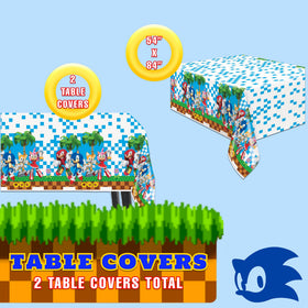 Sonic Hedgehog table setting with bright covers enhances the party backdrop.