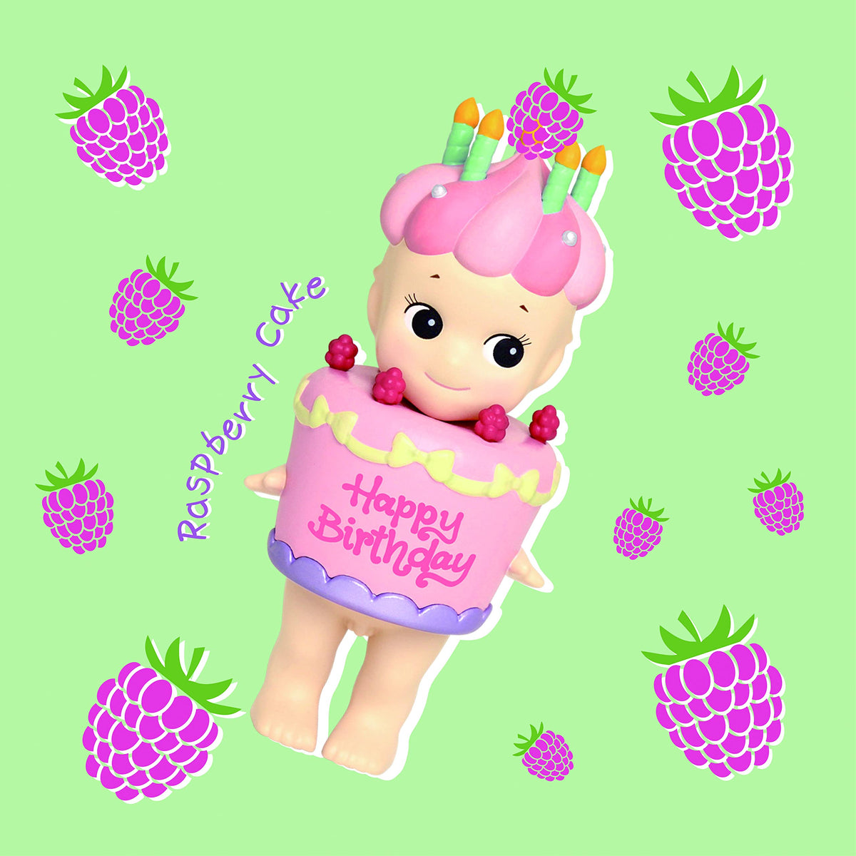 Sonny Angel birthday cake color variations on display