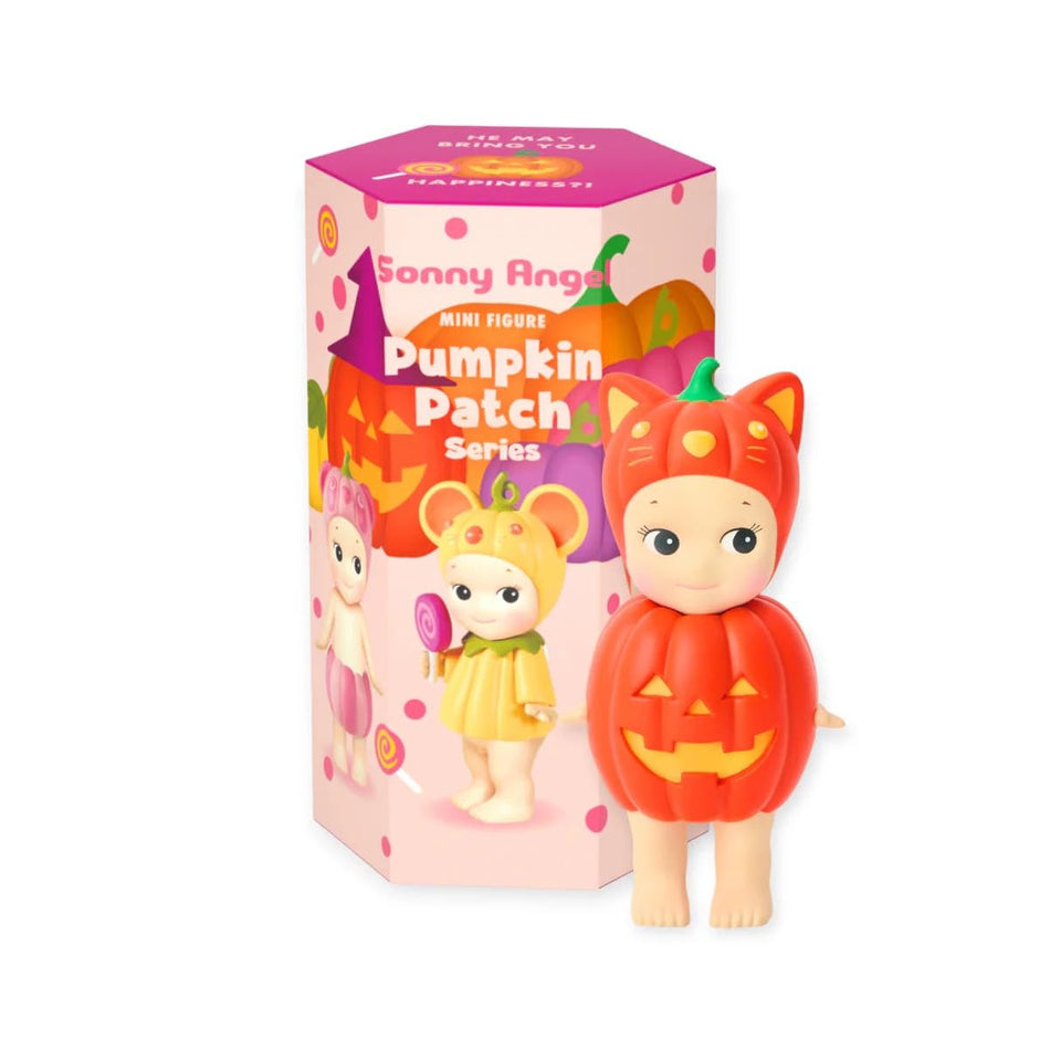 Sonny Angel Pumpkin Patch Cat figure in pumpkin costume for display and gifting