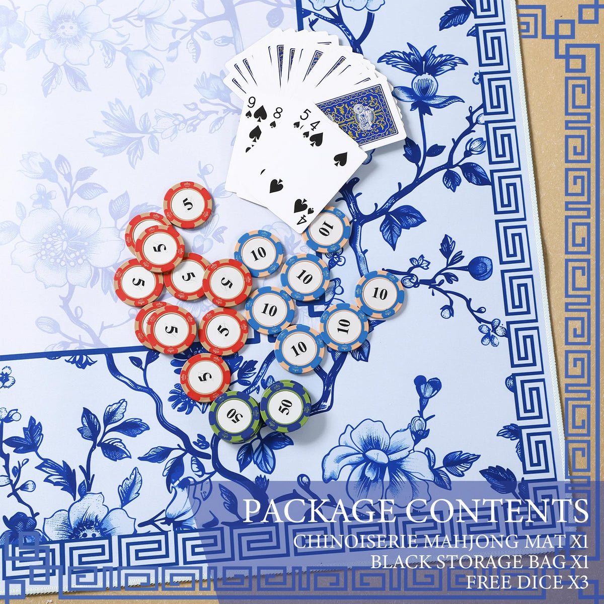Sonwyoung chinoiserie mahjong mat on table, protects surface while games unfold.