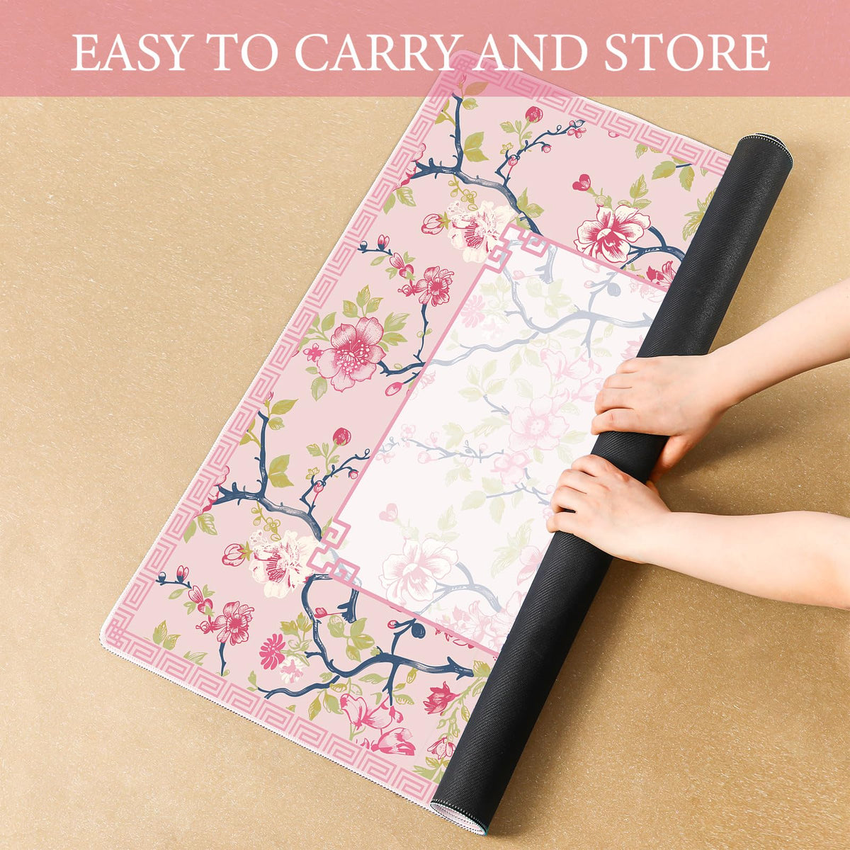 Sonwyoung chinoiserie mahjong mat pink and white design enhances ambiance.