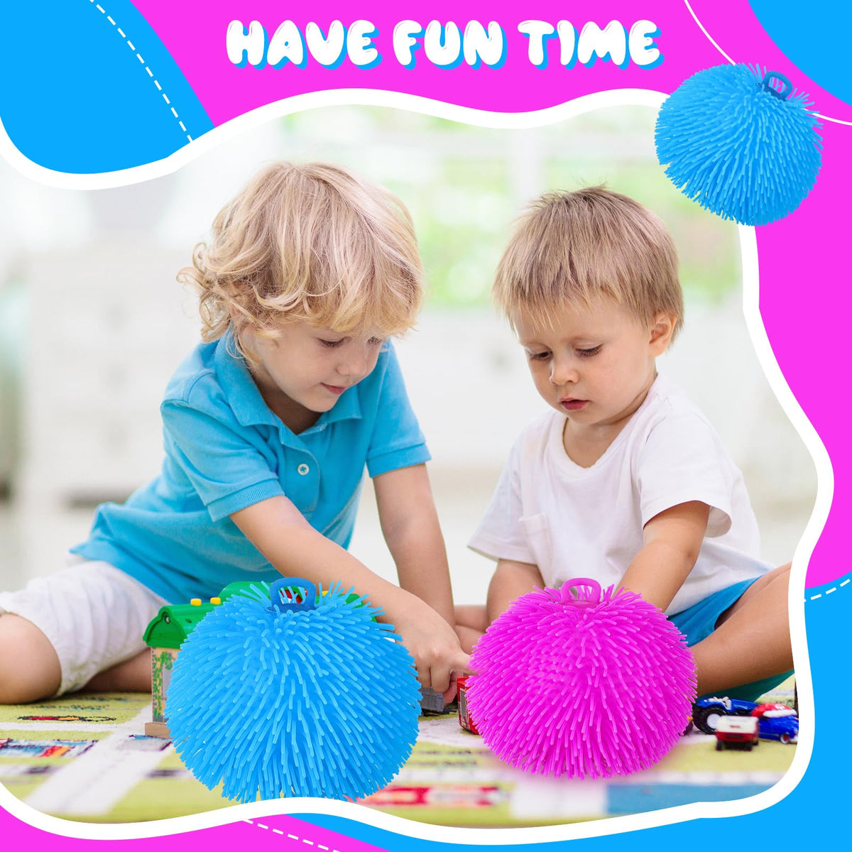 Colorful blue and purple Sonwyoung puffer balls displayed as party favors and prizes