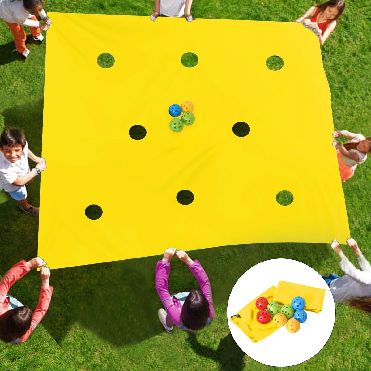 Sonyabecca hole tarp in action showing balls navigating holes to boost teamwork.