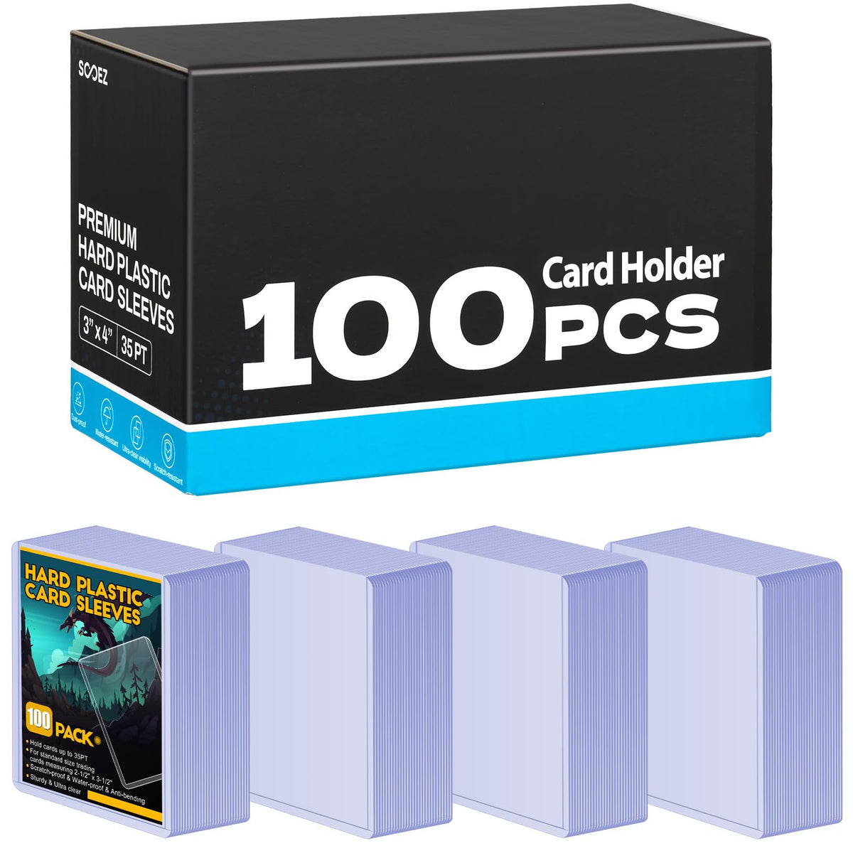 Sooez 100-count card sleeves top view shows clear protection.
