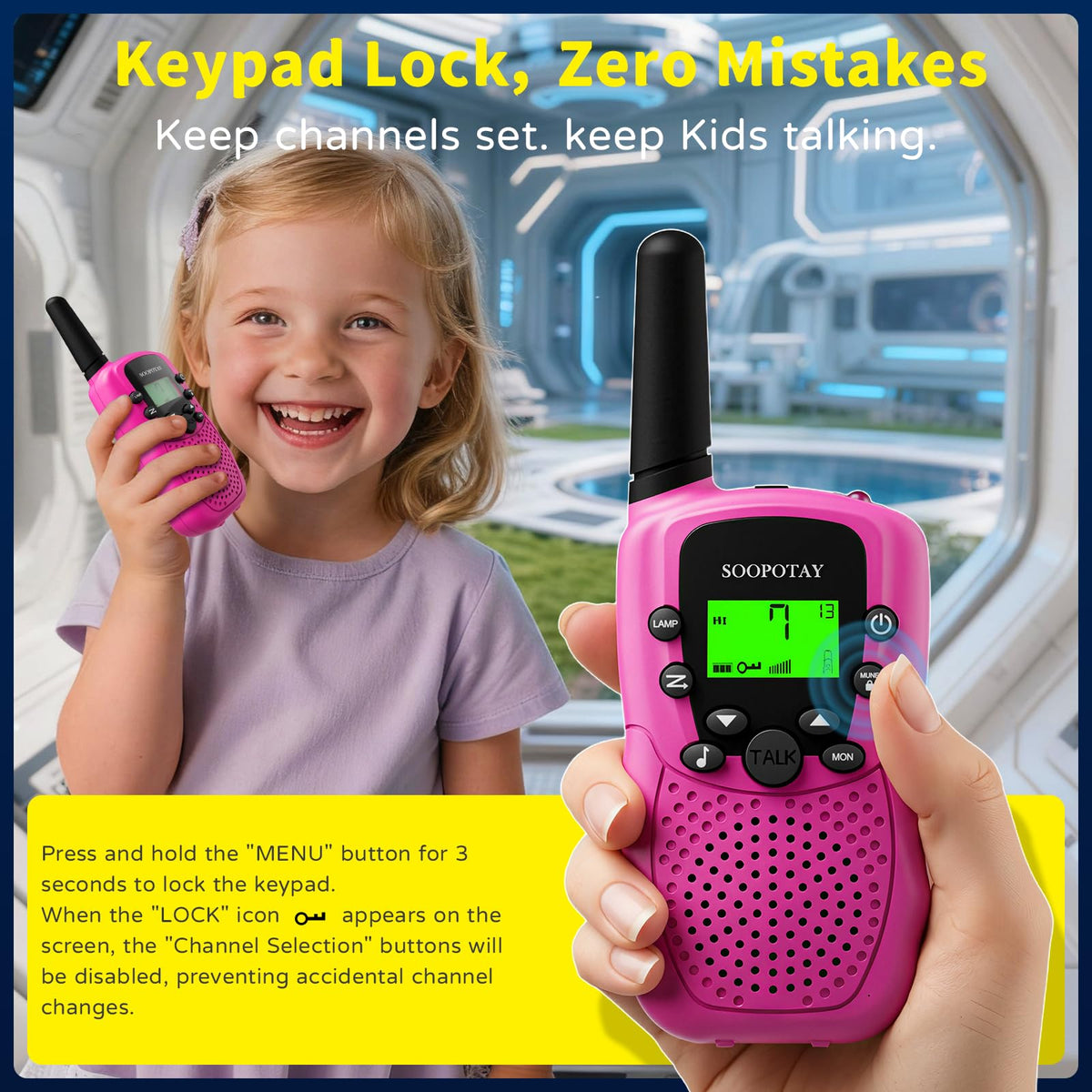 Soopotay battery-powered walkie talkies with 2000mAh capacity shown.