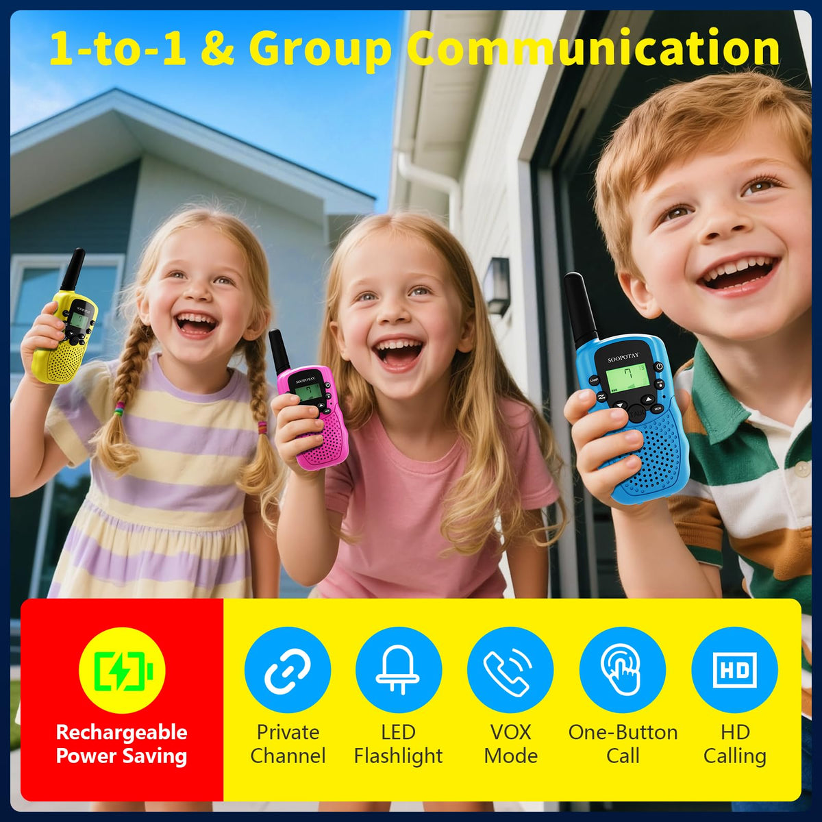 Soopotay 3-pack walkie talkies in camping setup for family outdoor communication.