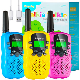 Soopotay rechargeable walkie talkies for kids with long playtime for outdoor adventures.