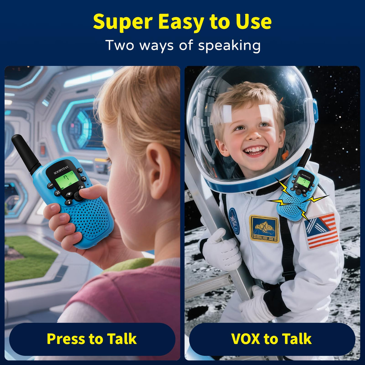Soopotay walkie talkies keypad lock helps prevent accidental presses during games.