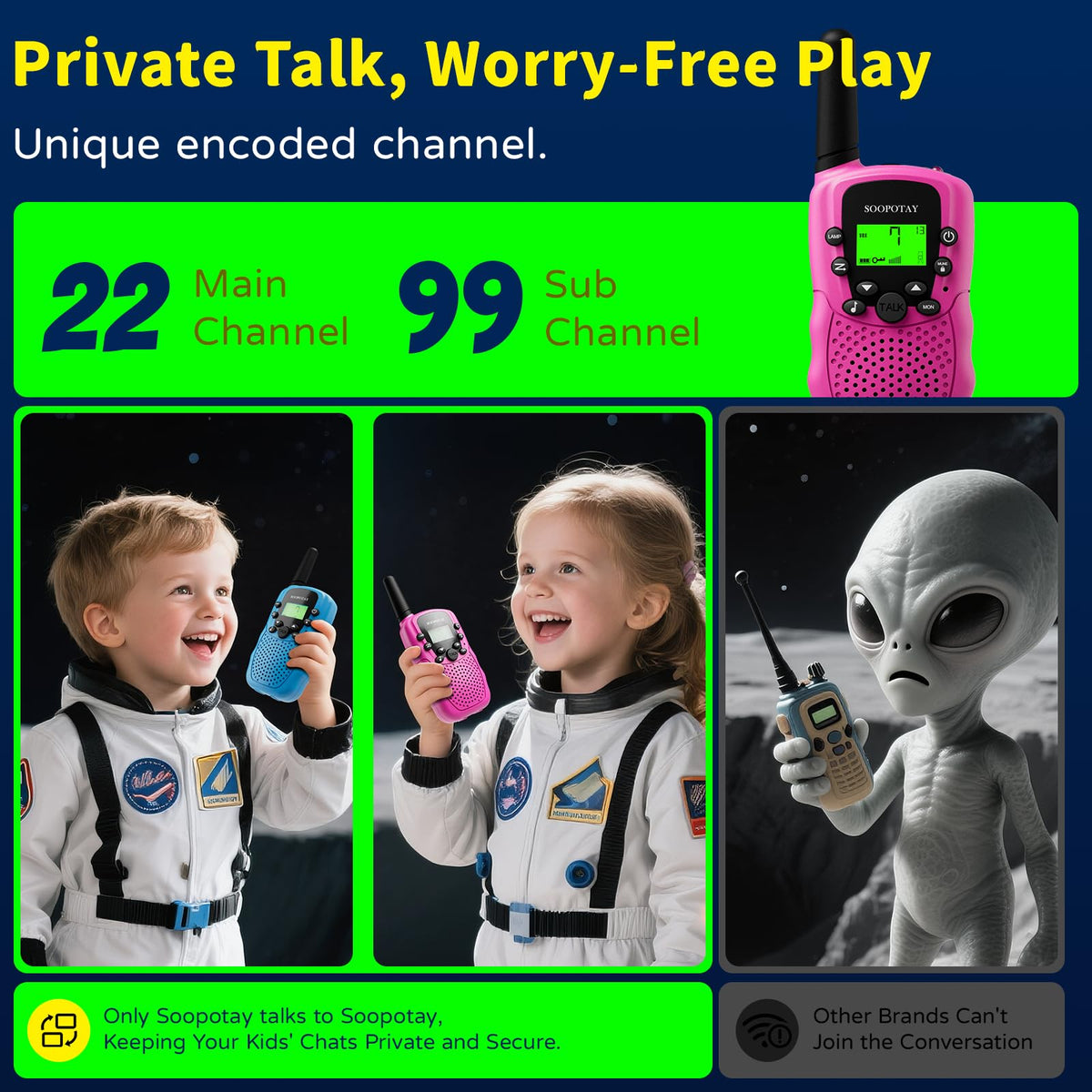 Soopotay walkie talkies with VOX mode for hands-free communication during active play.