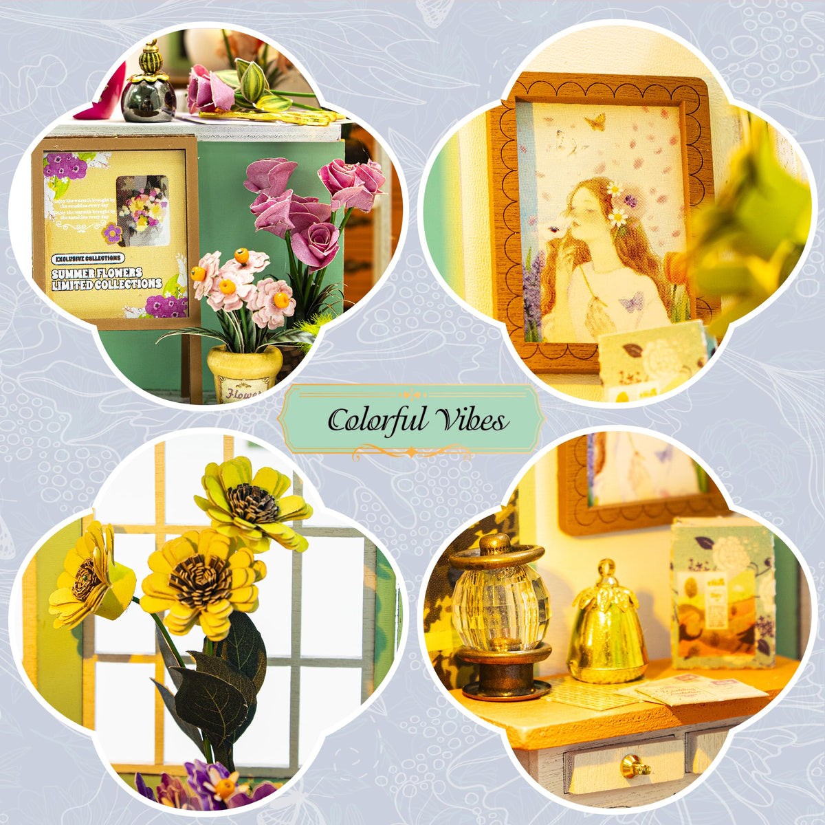 Soothee Alice's Garden wooden frame and dollhouse pieces offer sturdy display quality
