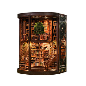 Soothee DIY Book Nook Kit with LED lights, a glowing miniature library display.