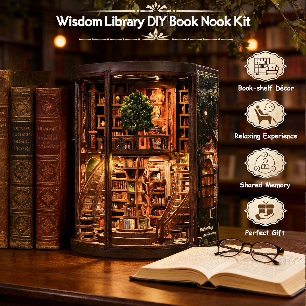 Soothee grand library shelves highlight tall bookcase details for an elegant shelf vignette.