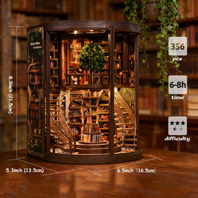 Soothee miniature tree centerpiece brings natural balance to the library scene.