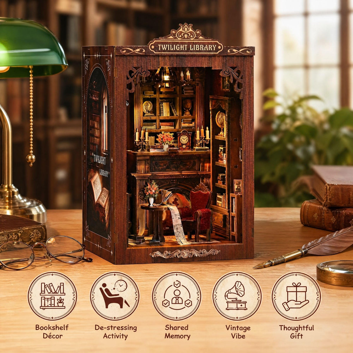 Soothee Twilight Library glow highlights a cozy fireplace ambiance