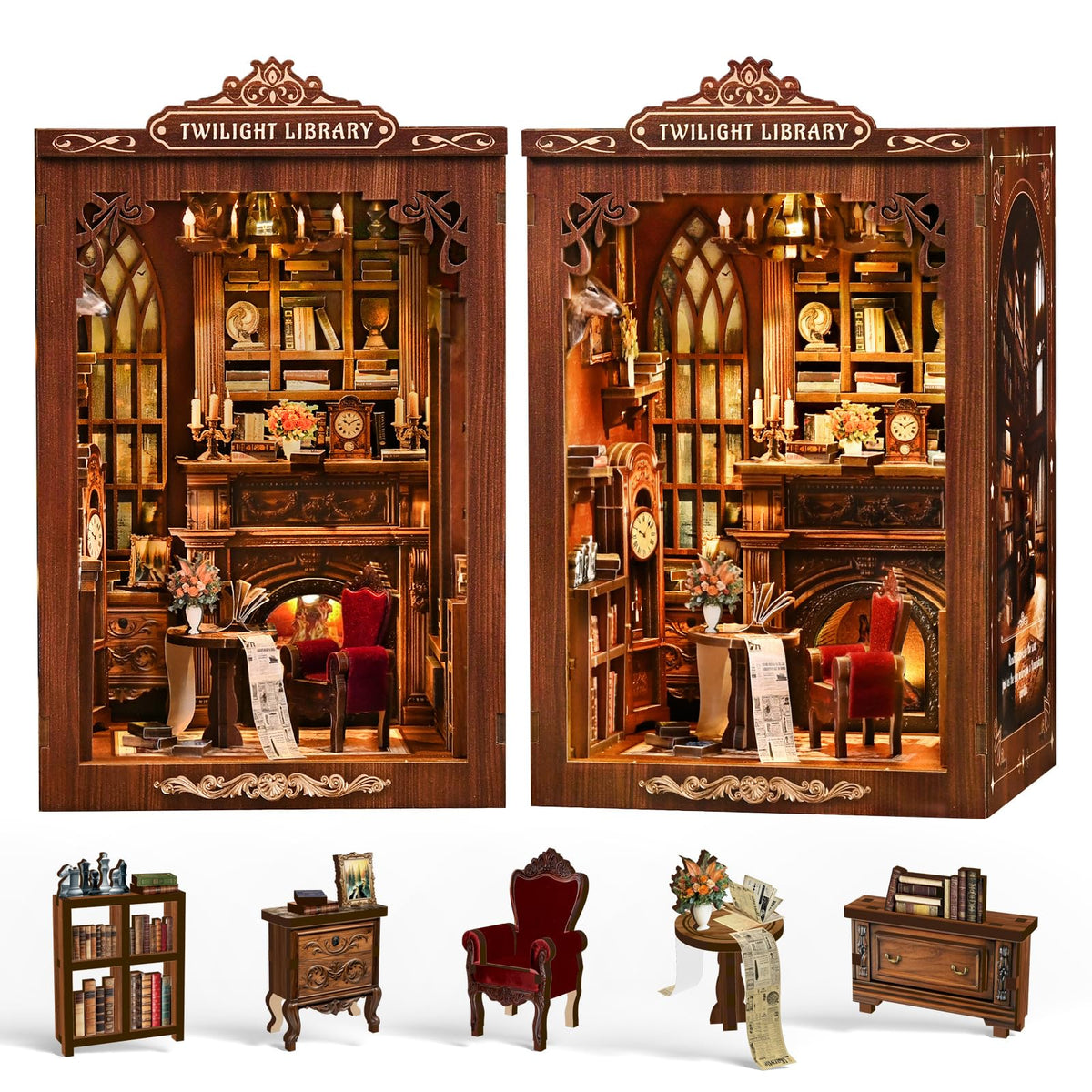 Soothee Twilight Library with LED candles for a warm inviting bookshelf glow