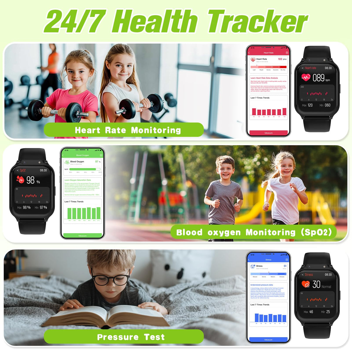 Sootingot Kids Smart Watch heart rate monitor tracks activity during play.