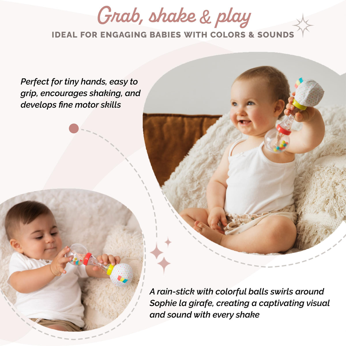 Sophie la girafe Soft Maracas Rattle colorful beads close-up for visual interest