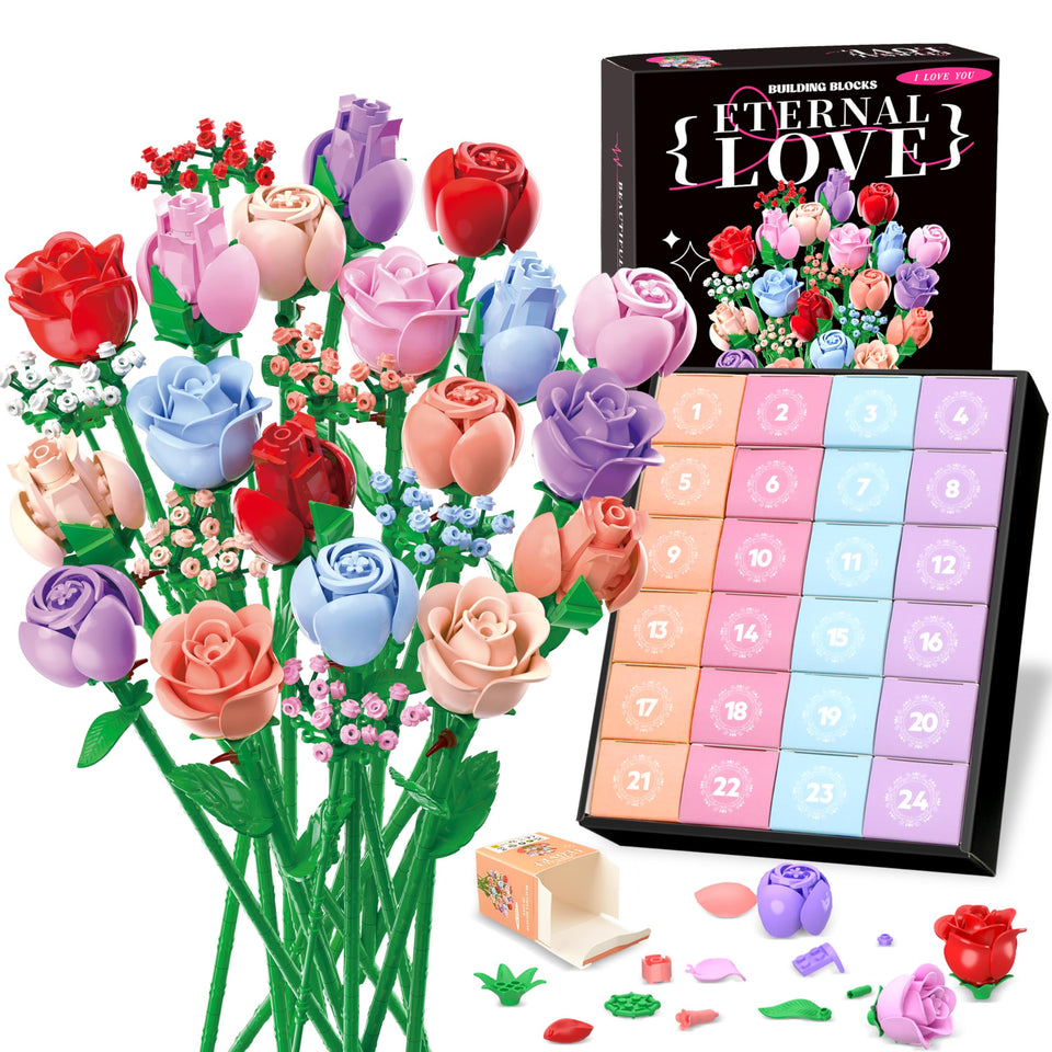 Sopu Colorful Rose Bouquet Building Set with 24 boxes for a gift-ready floral display