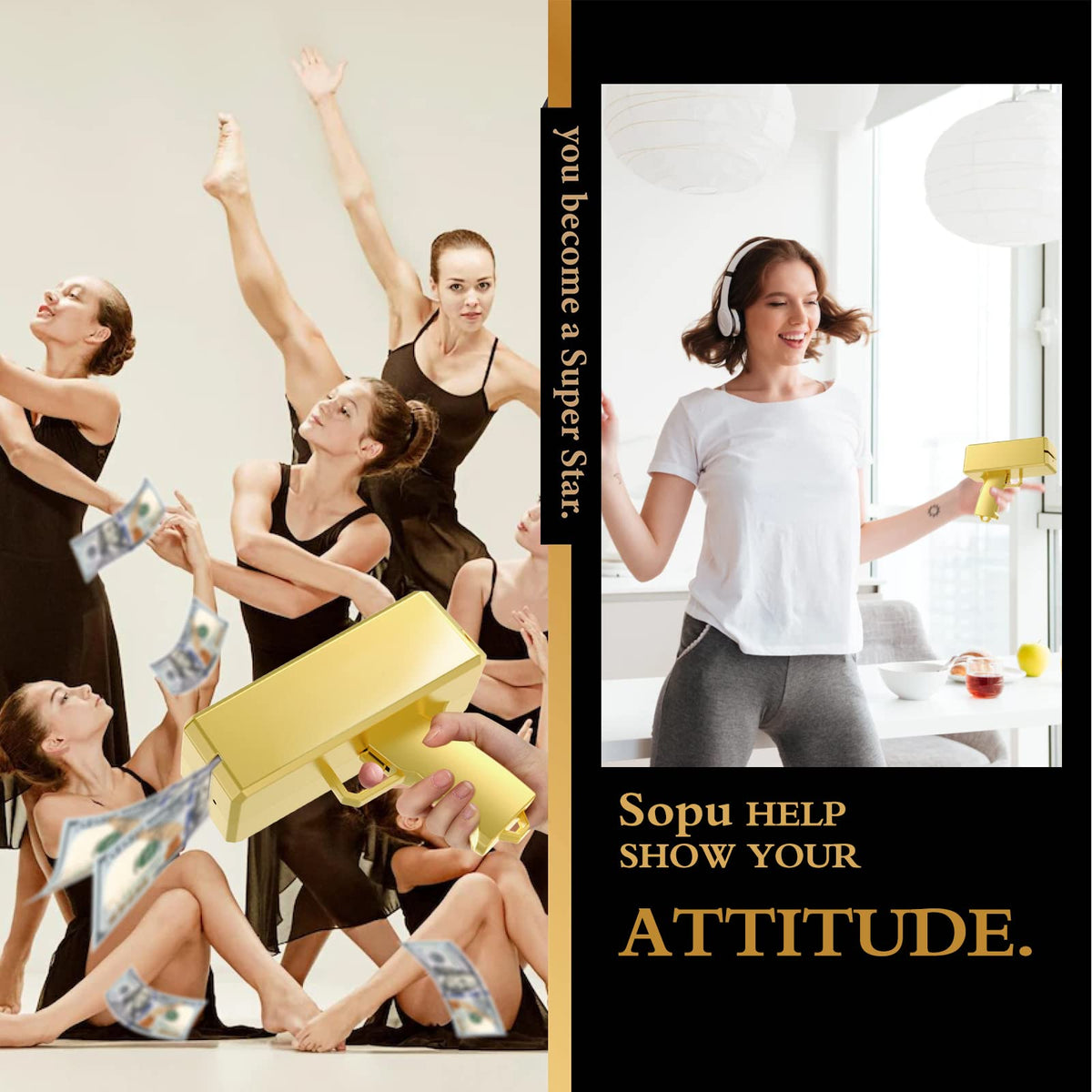 Sopu money gun dispensing cash action captures lively moments at weddings or parties.