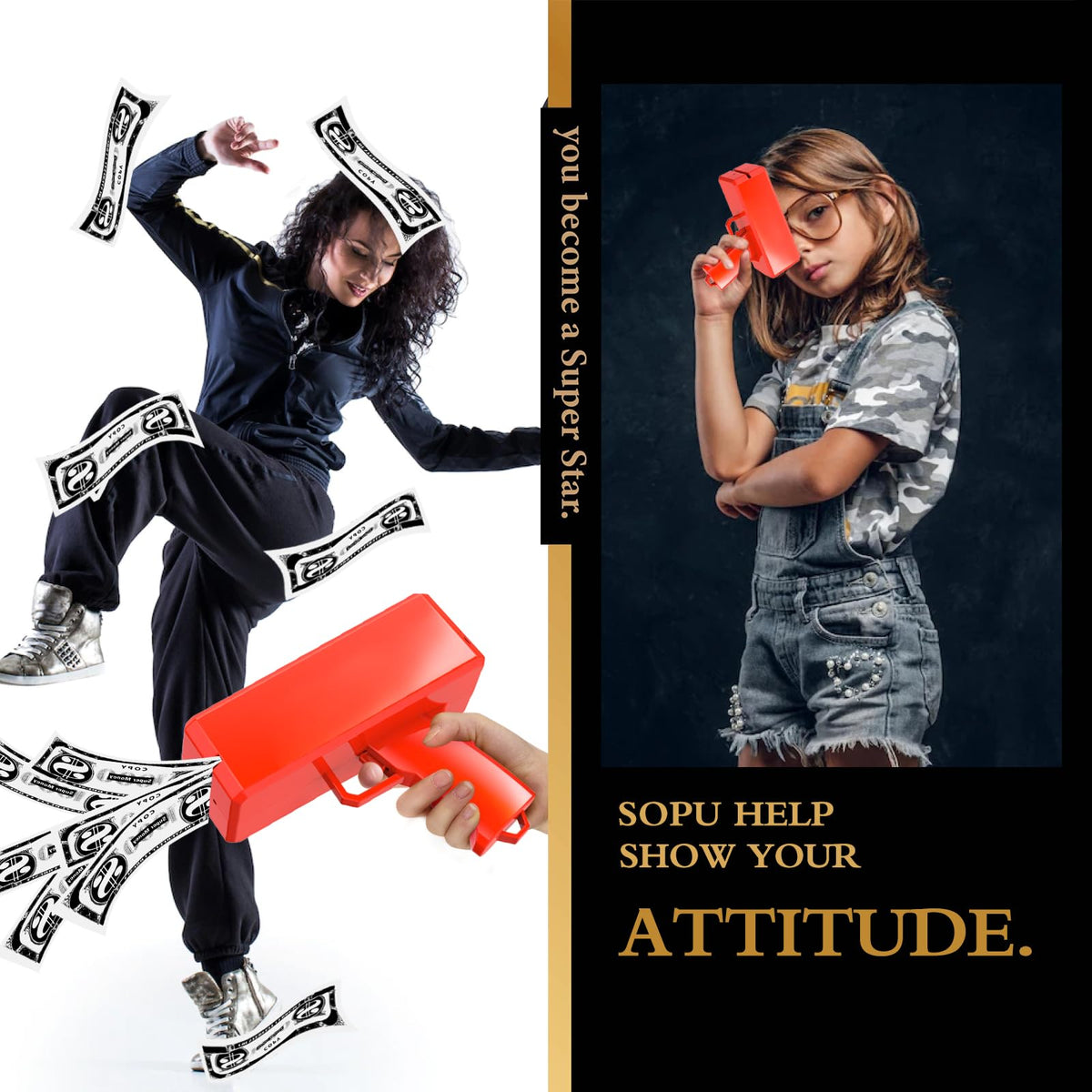 Sopu money gun firing action showcases rapid play money dispensing.