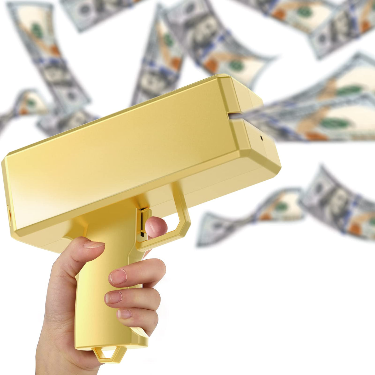 Sopu money gun metallic gold front view, a flashy party prop for fun moments.