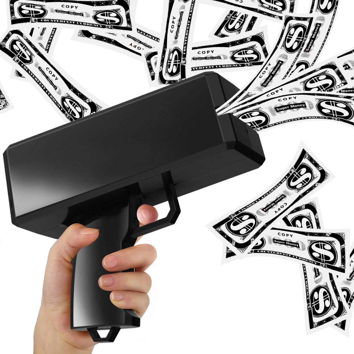 Sopu money gun mysterious black top view, dramatic rain effect for parties