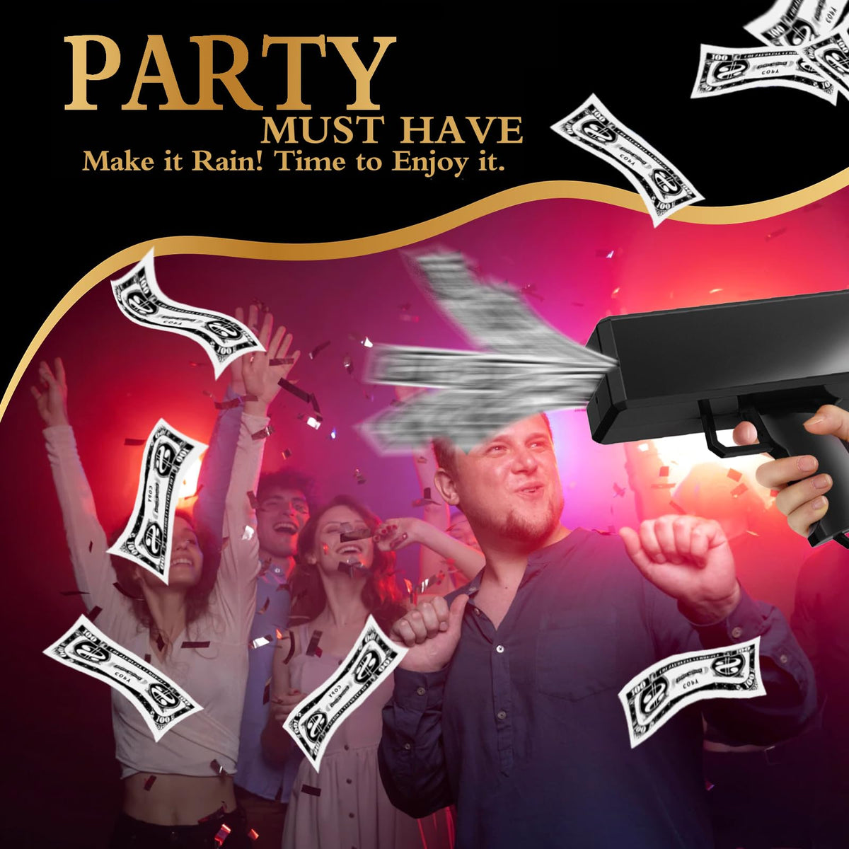 Sopu money gun at parties distributing money and flyers with flair