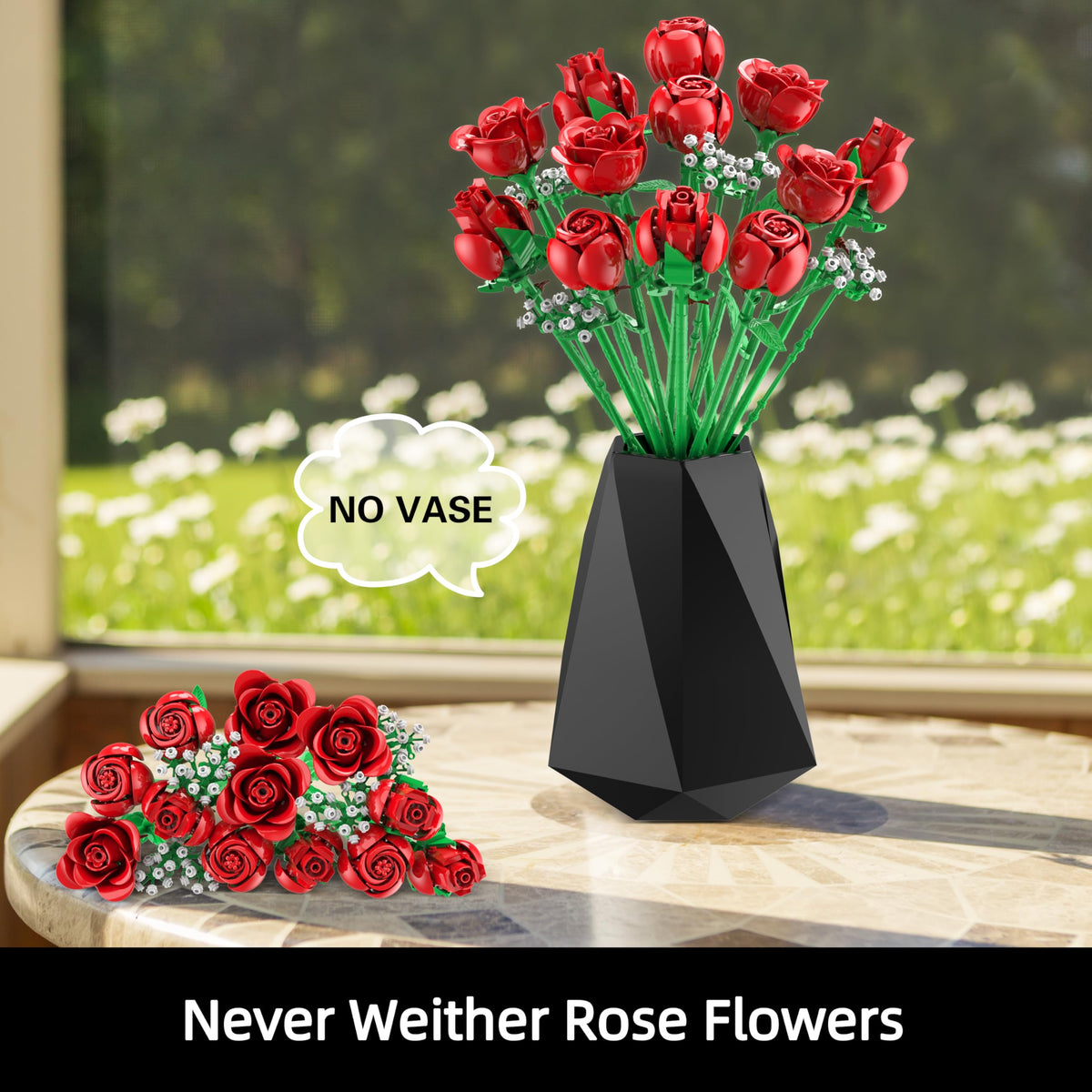 Sopu Red Rose Bouquet Building Set shows no vase included for DIY display