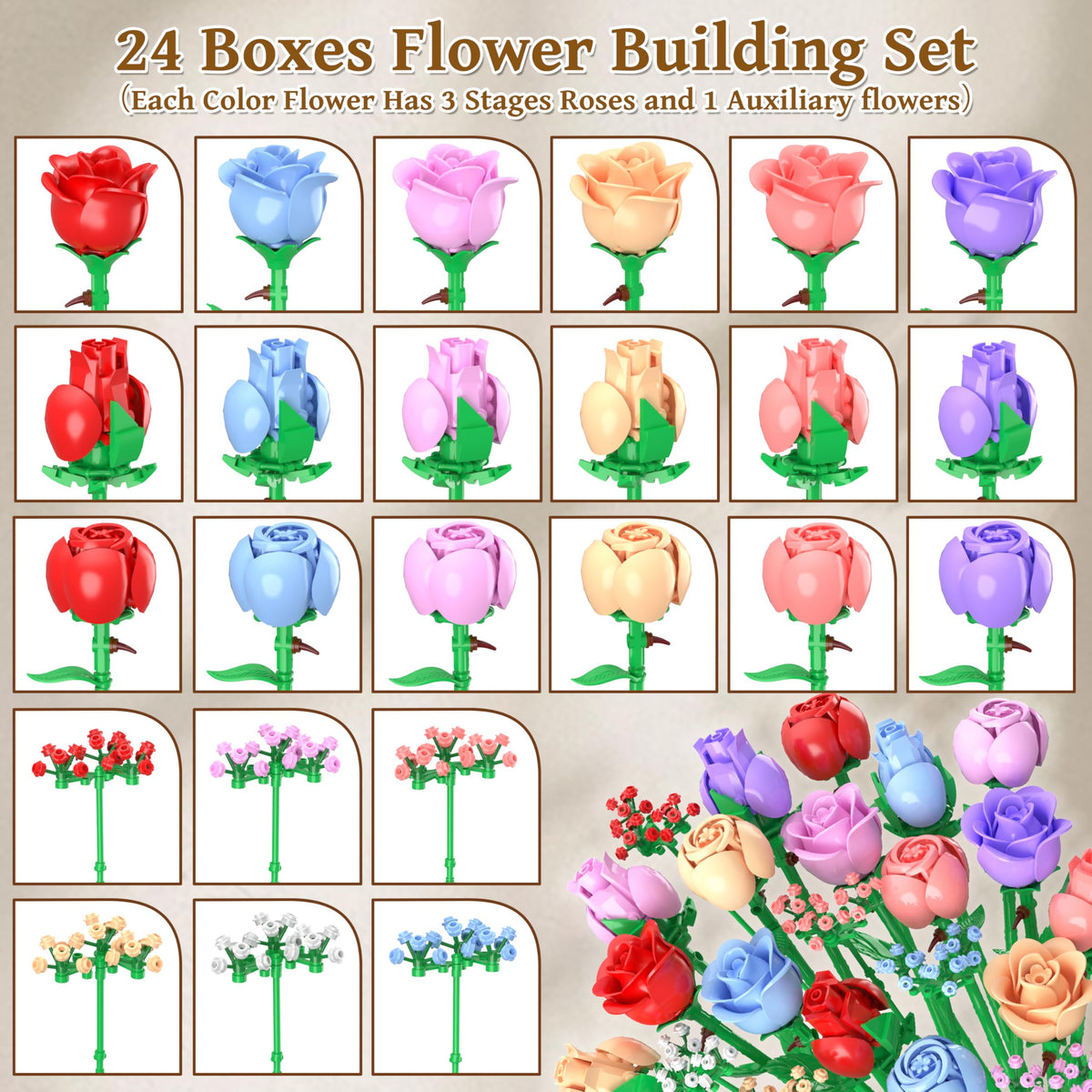 Sopu Rose Bouquet Building Set showing flexible stems for adjustable arrangements