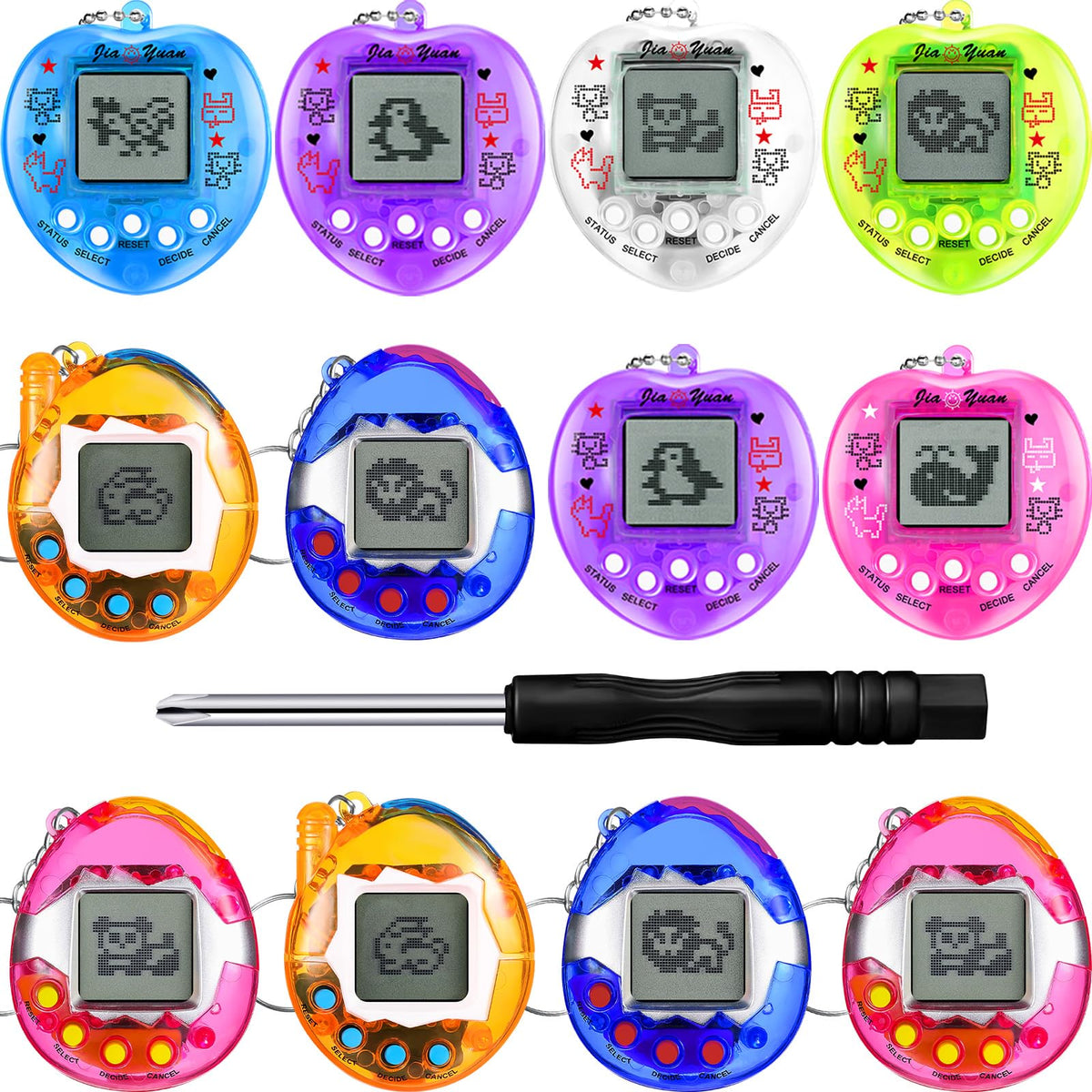 Sosation 12pcs virtual pet keychain pack with colorful transparent shells for portable play.