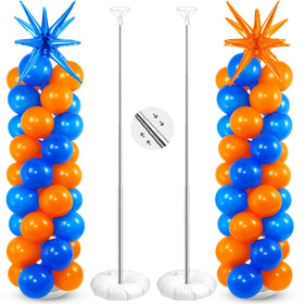 Sosation blue and orange balloon column stand assembled for vibrant centerpieces