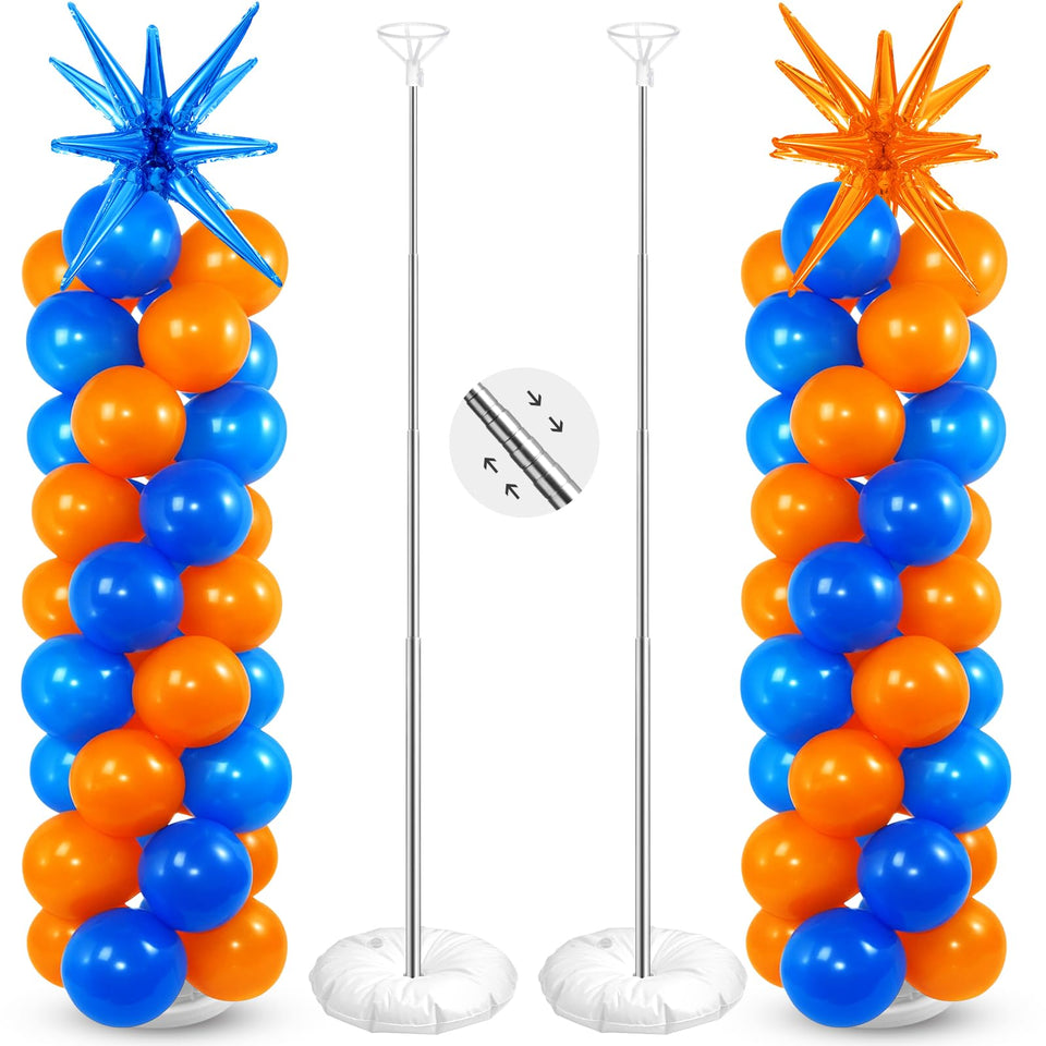 Sosation blue and orange balloon column stand assembled for vibrant centerpieces