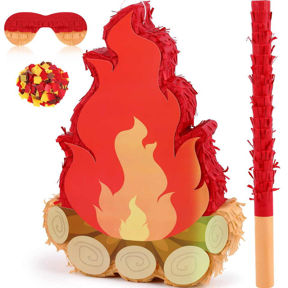 Sosation camping campfire pinata used as a colorful centerpiece for a kids birthday party