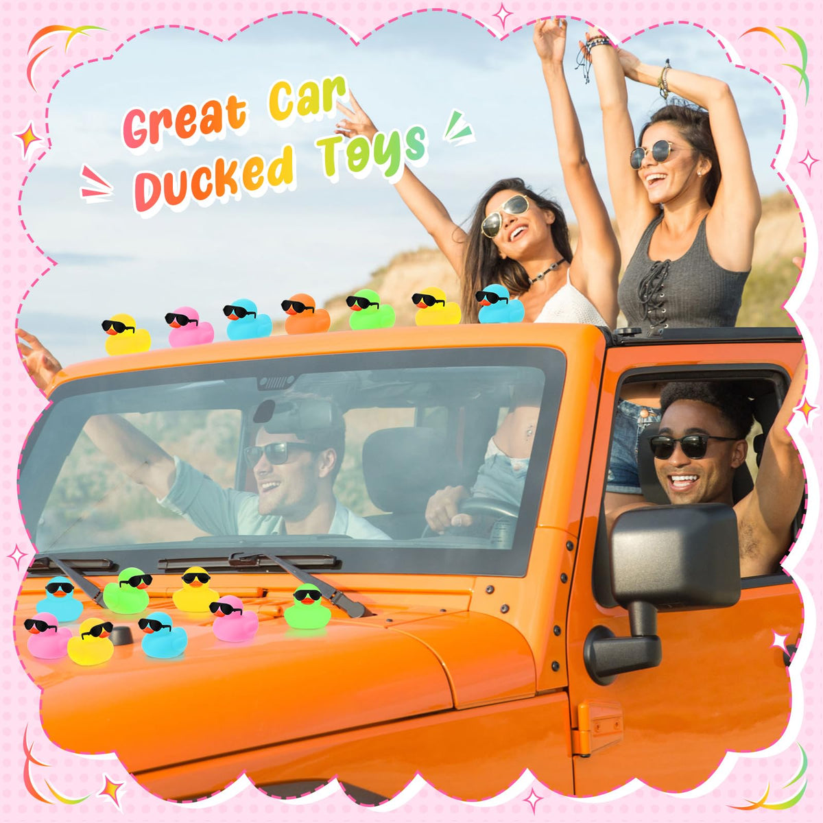 Sosation ducks wearing sunglasses on a car dashboard for playful decor