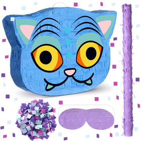 Sosation blue cat-shaped pinata, a vivid party centerpiece and interactive moment at celebrations.