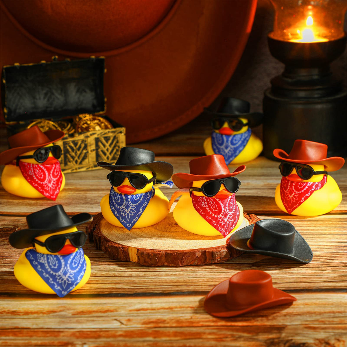 Sosation ducks with denim bandanas for retro flair