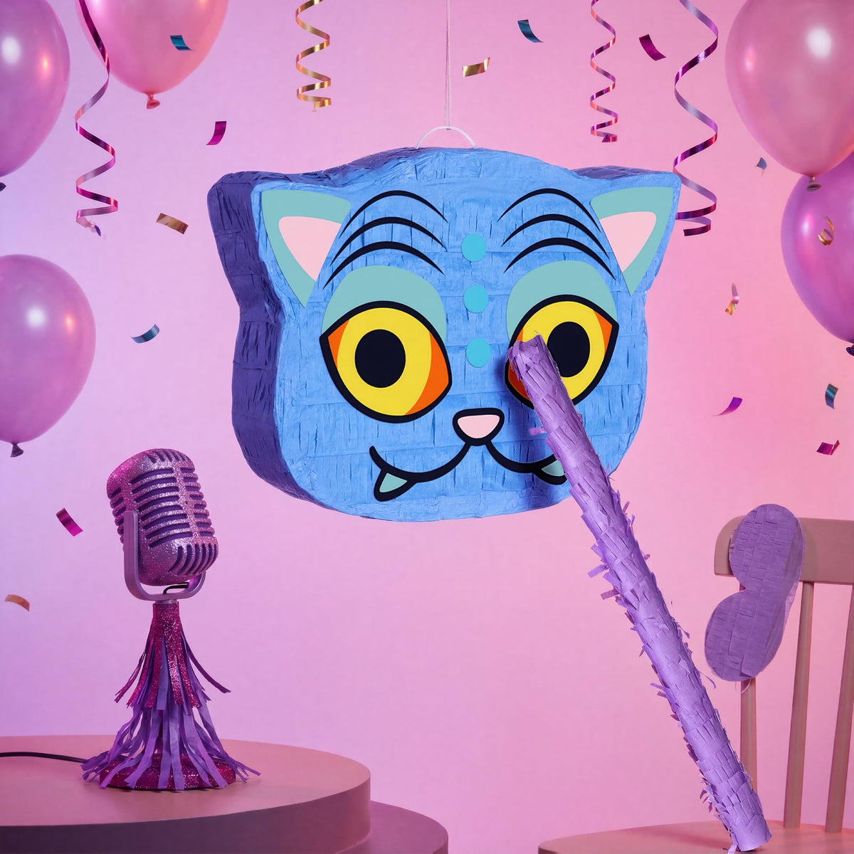 Sosation pinata with blindfold bat, ready for a playful hitting game.