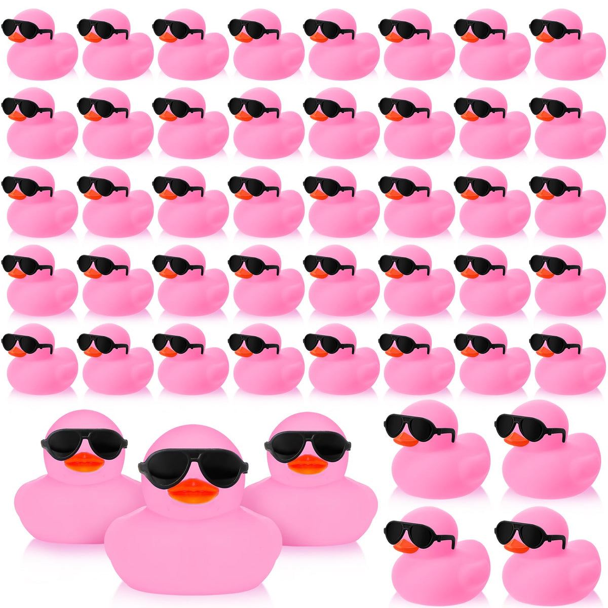 Sosation pink mini rubber duck with sunglasses perched in tub for playful bath time.