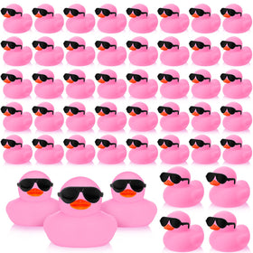 Sosation pink mini rubber duck with sunglasses perched in tub for playful bath time.