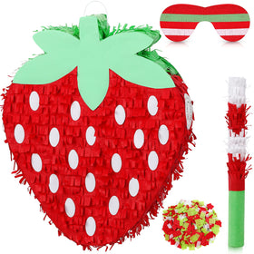 Sosation red strawberry pinata ready for birthday party décor and fun centerpiece.