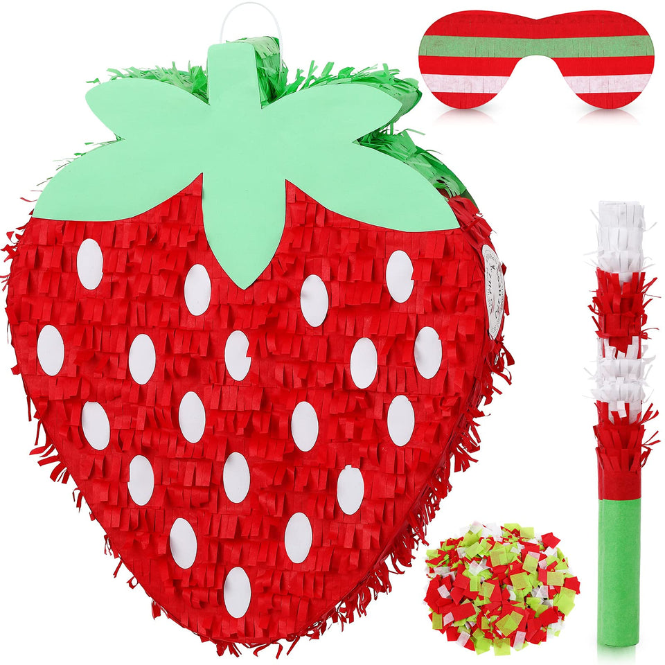 Sosation red strawberry pinata ready for birthday party décor and fun centerpiece.