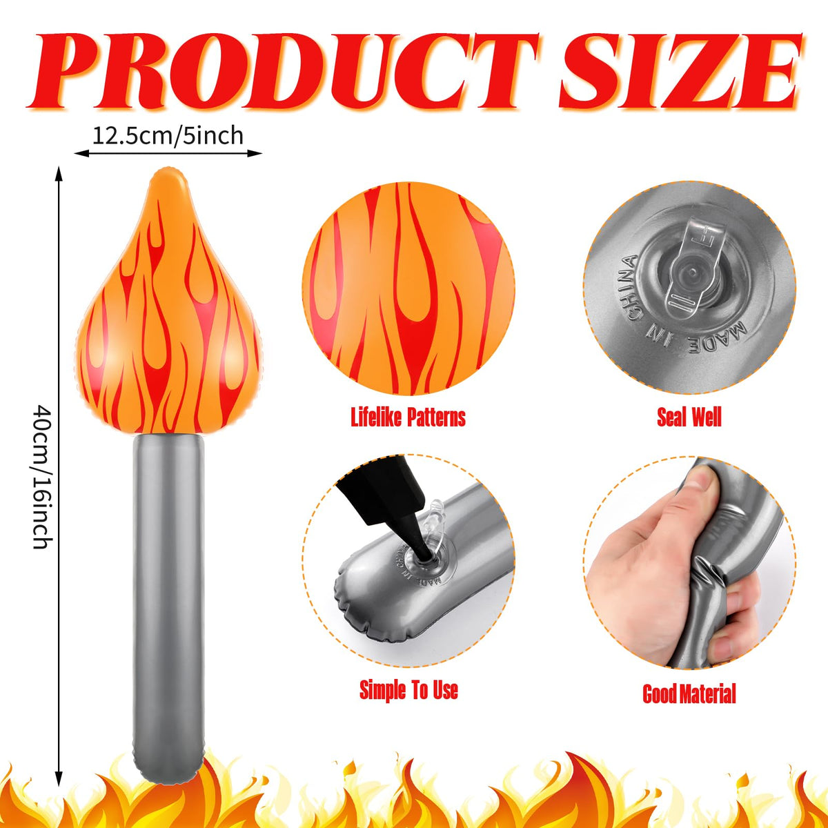 Sosation inflatable torch prop 16-inch silver body and red flame for visual impact