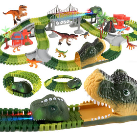 SOSUSHOE dinosaur world track assembly shows flexible pieces forming a vibrant prehistoric layout for kids