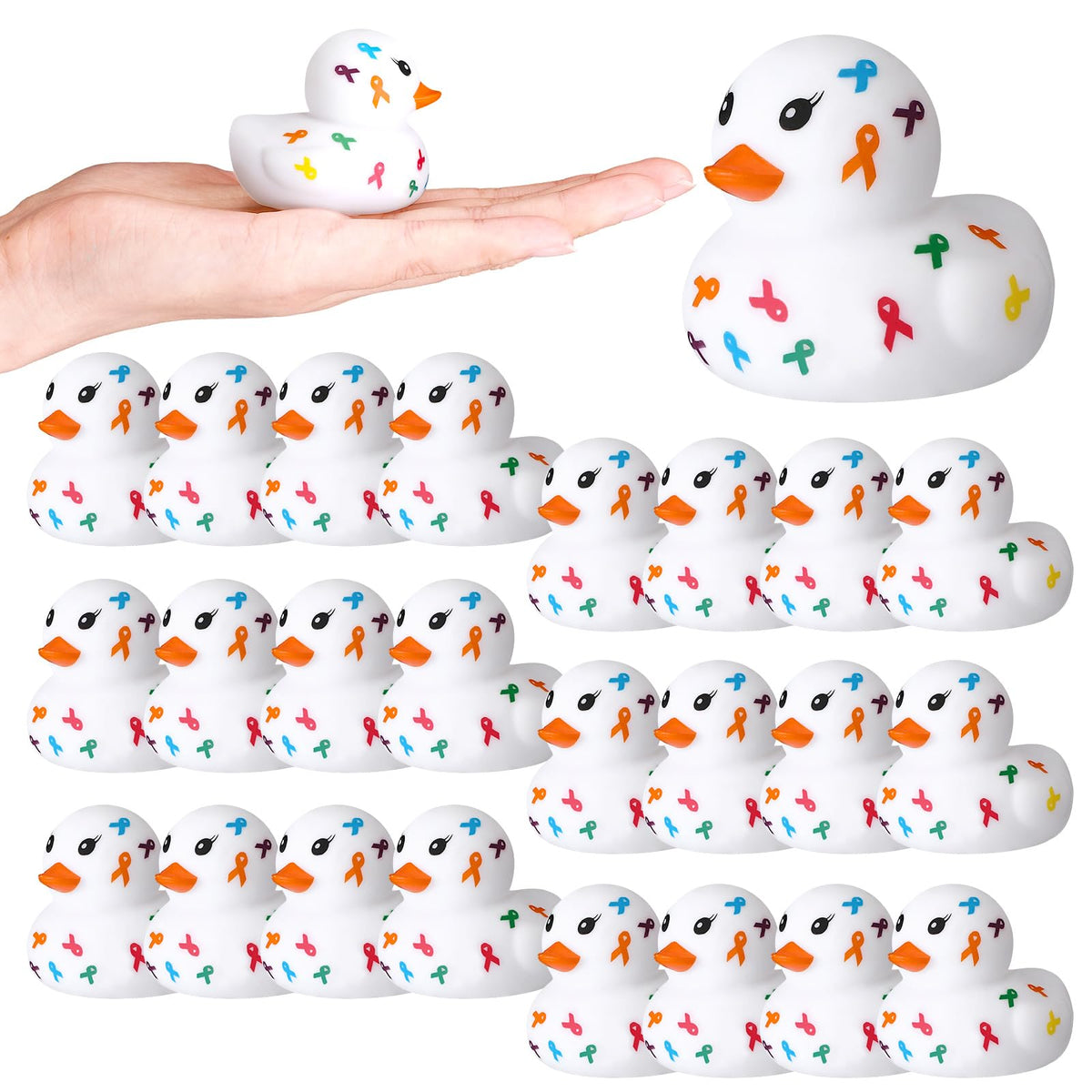 Sotiff cancer awareness rubber ducks in a 24-pack for campaigns and events.