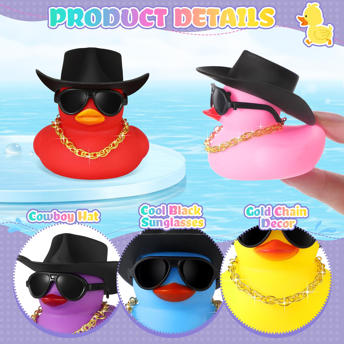Sotiff rubber duck car-dashboard ornament with mini hats and sunglasses for playful drives.