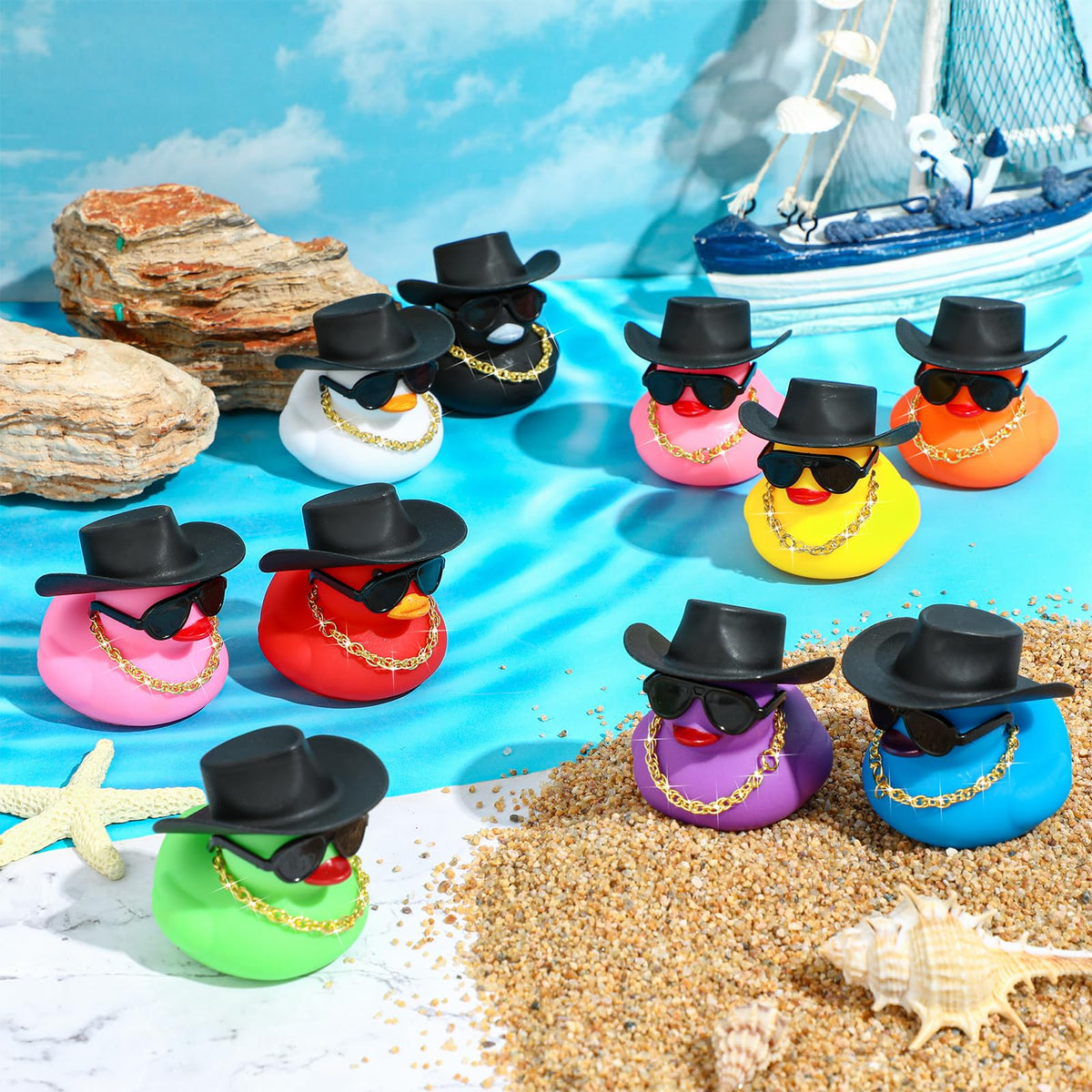 Sotiff color rubber ducks with necklaces, hats, and shades for gifts and events.