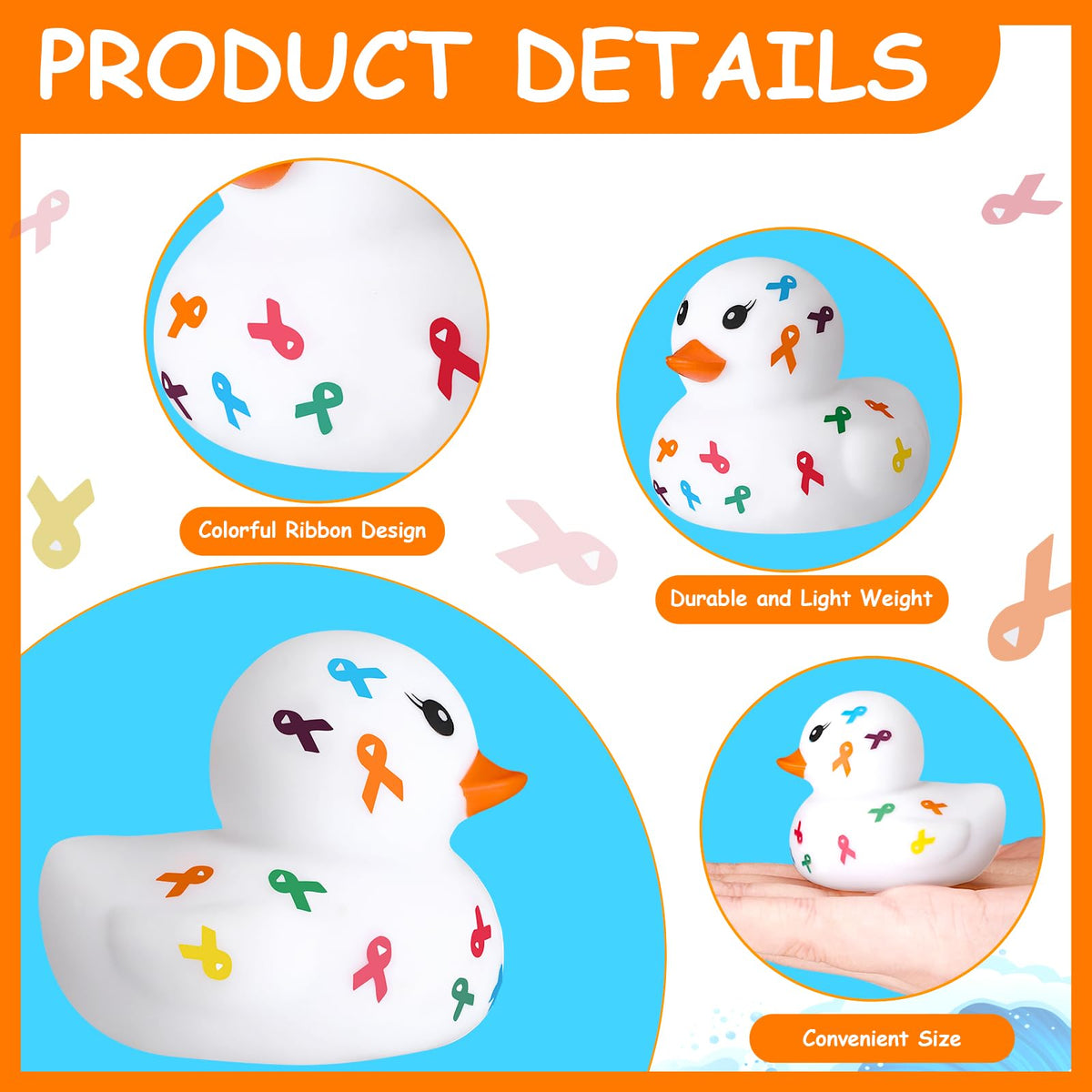Sotiff rubber ducks, compact size, easy to distribute at walks and fundraisers.